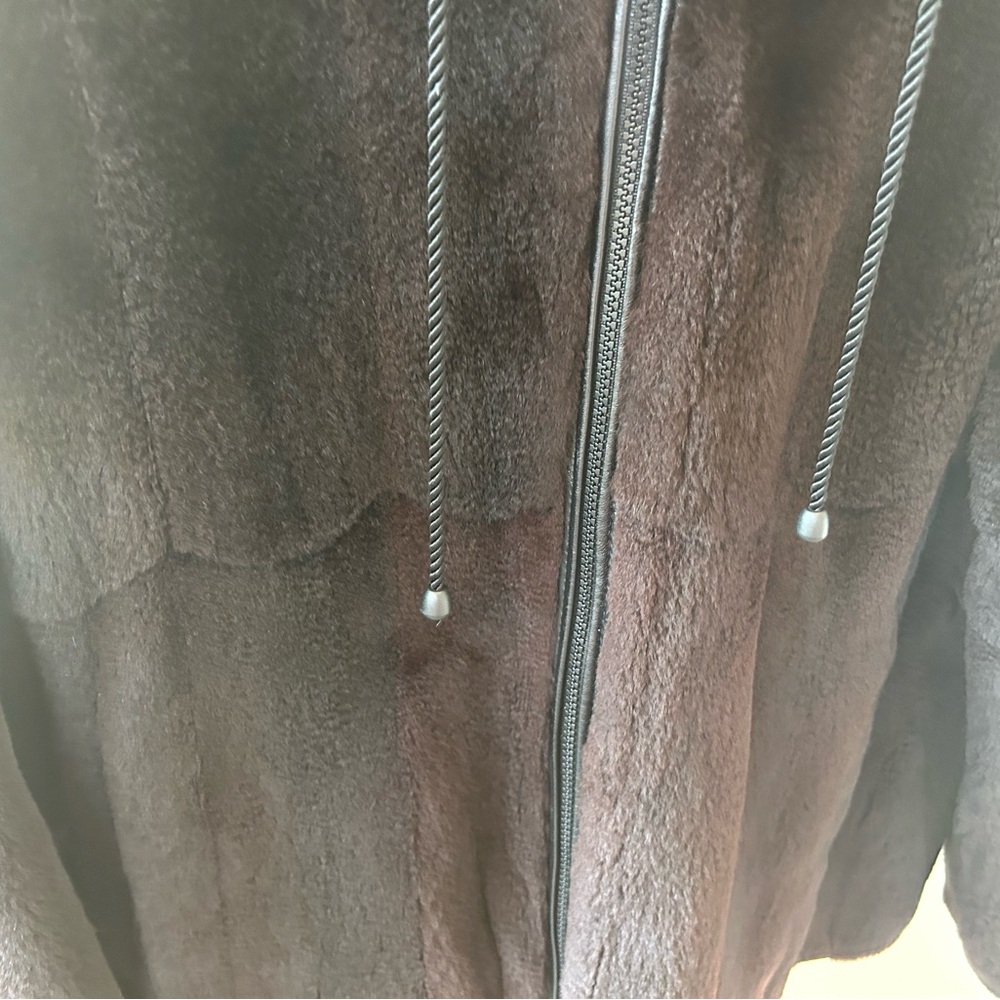 Black Sheared Beaver & Leather Reversible Coat with Fox Fur Lined Hood M/L - Picture 8 of 13